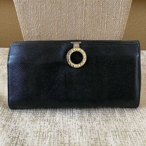 BVLGARI Black Leather Long Wallet with Teal Blue Interior and Silver Hardware.